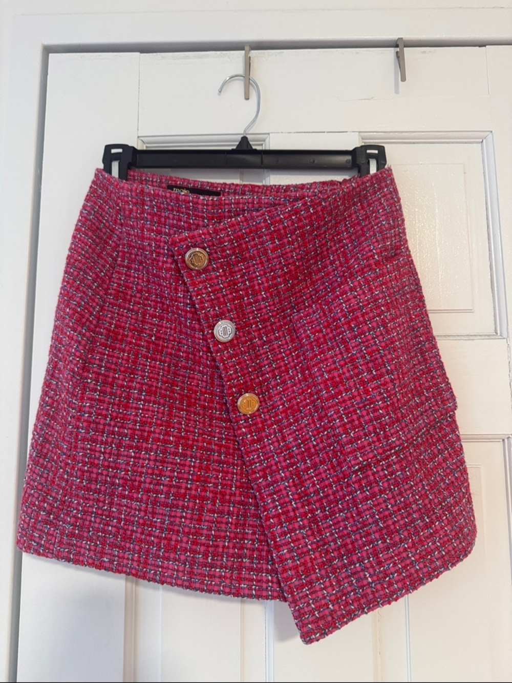 Maje Pink Tweed Asymmetric Button Mini Skirt